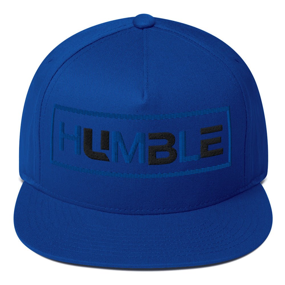 HUMBLE five-panel cotton twill flat bill hat in Blue with Blue and black embroidery, God's Armor Wear
