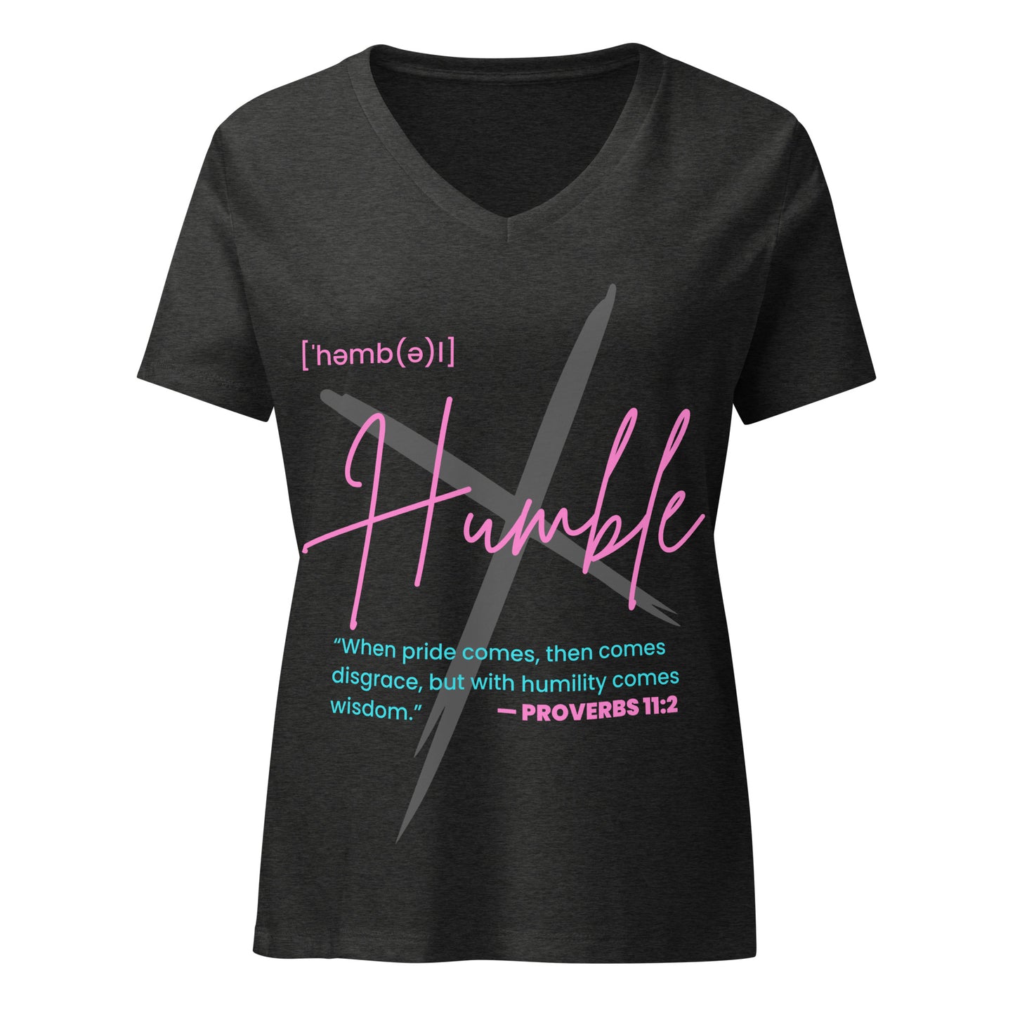 HUMBLE black faith-based pinkish V-neck t-shirt detail showing minimalist Christian message on soft pre-shrunk fabric
