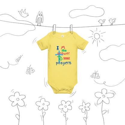 "I M the answer to your Prayers" Baby short sleeve one piece - God's Armor Wear