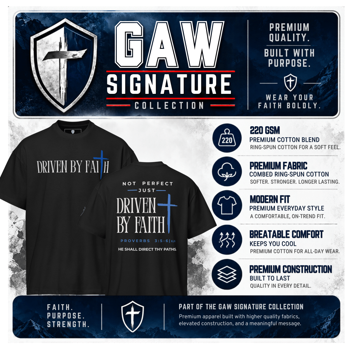 Driven By Faith™ Signature Heavyweight Tee | Proverbs 3:5–6 - God's Armor Wear
