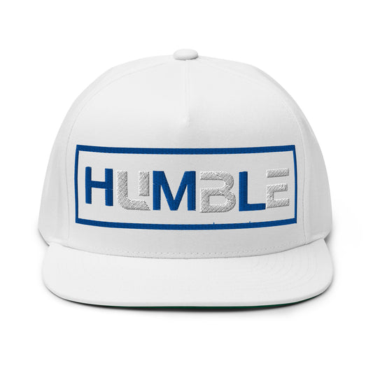 "Humble" Five - Panel Cotton Twill Flat Bill {blu/wht font} - God's Armor Wear #humble #hats #snapback#fivepanel