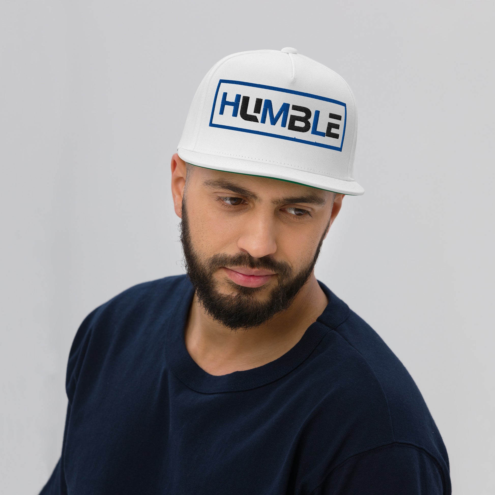 HUMBLE five-panel cotton twill flat bill hat in white with black and blue embroidery, God’s Armor Wear