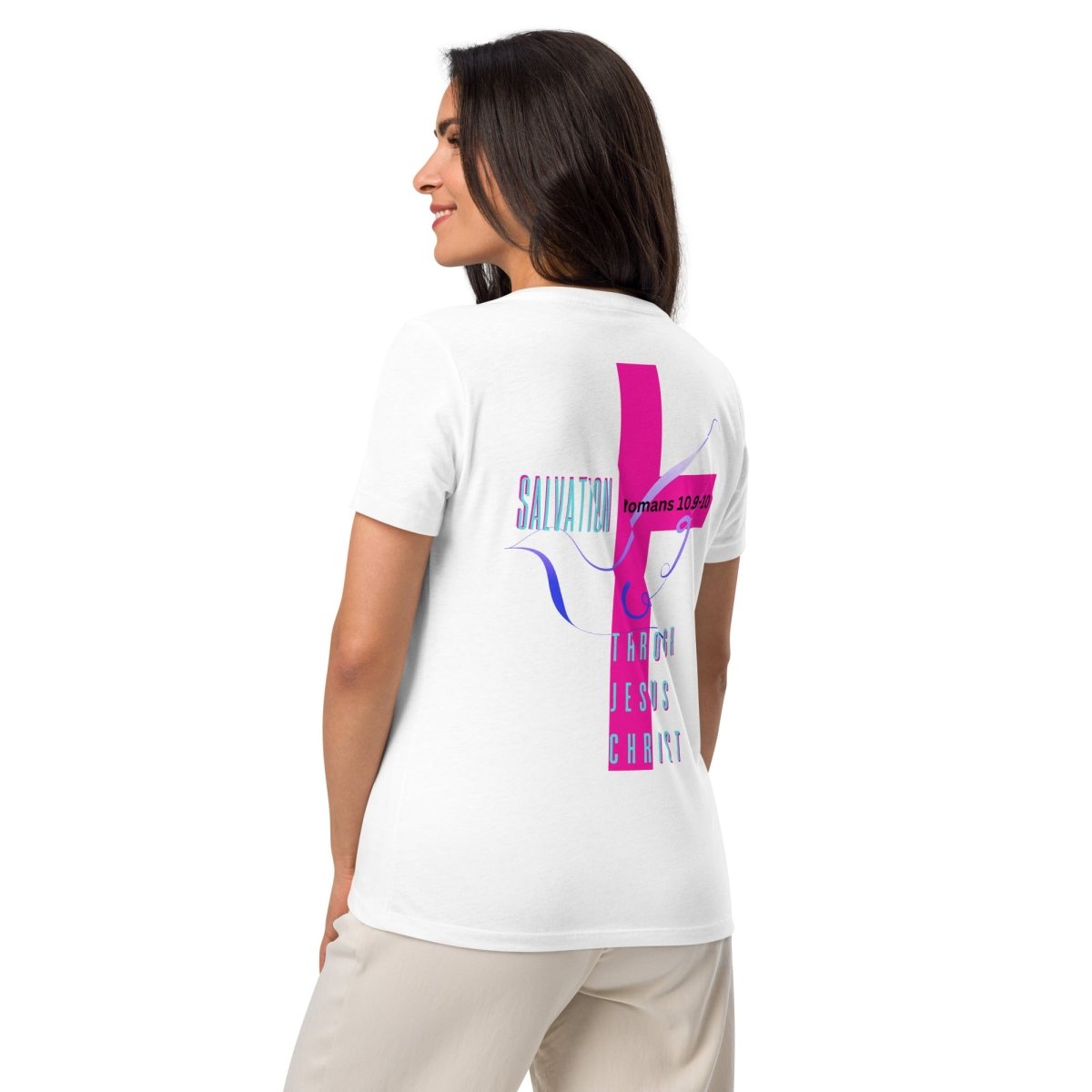 Romans 10:9–10 Women’s Relaxed V - Neck | Confess. Believe. Be Saved. - God's Armor Wear