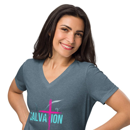 Romans 10:9–10 Women’s Relaxed V - Neck | Confess. Believe. Be Saved. - God's Armor Wear