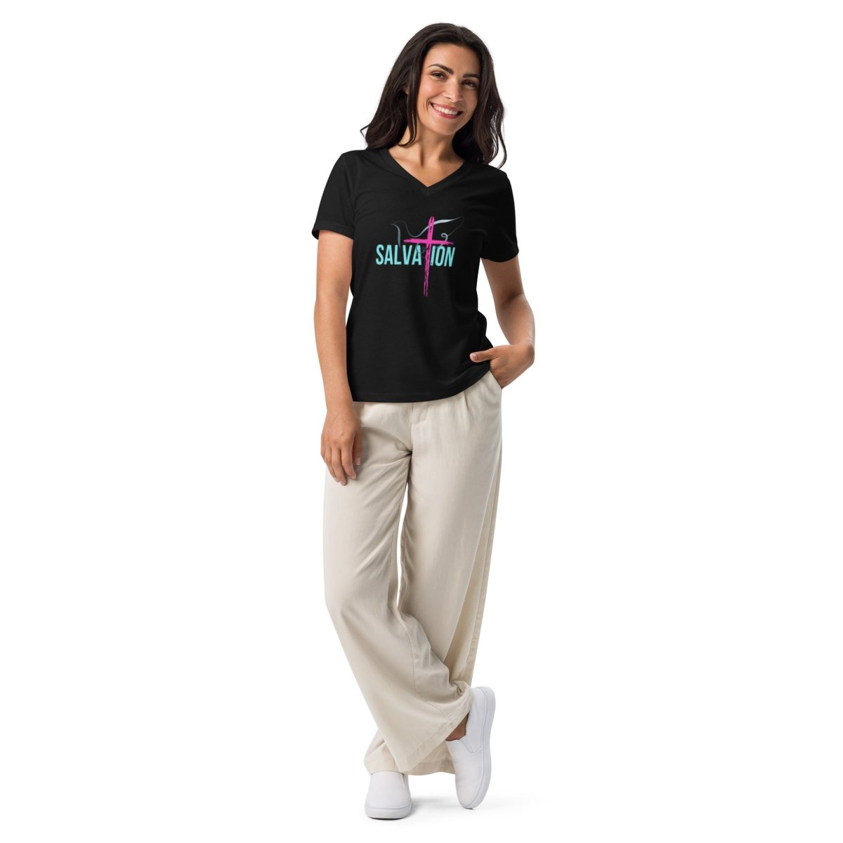 Romans 10:9–10 Women’s Relaxed V - Neck | Confess. Believe. Be Saved. - God's Armor Wear