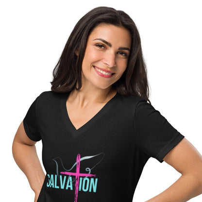 Romans 10:9–10 Women’s Relaxed V - Neck | Confess. Believe. Be Saved. - God's Armor Wear
