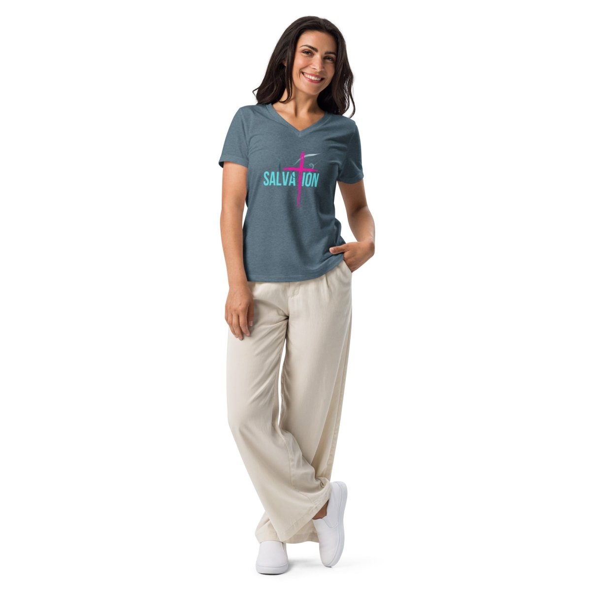 Romans 10:9–10 Women’s Relaxed V - Neck | Confess. Believe. Be Saved. - God's Armor Wear