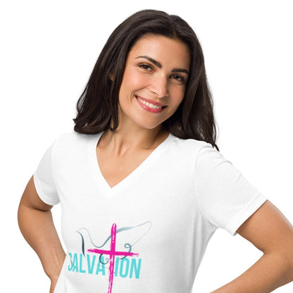 Romans 10:9–10 Women’s Relaxed V - Neck | Confess. Believe. Be Saved. - God's Armor Wear