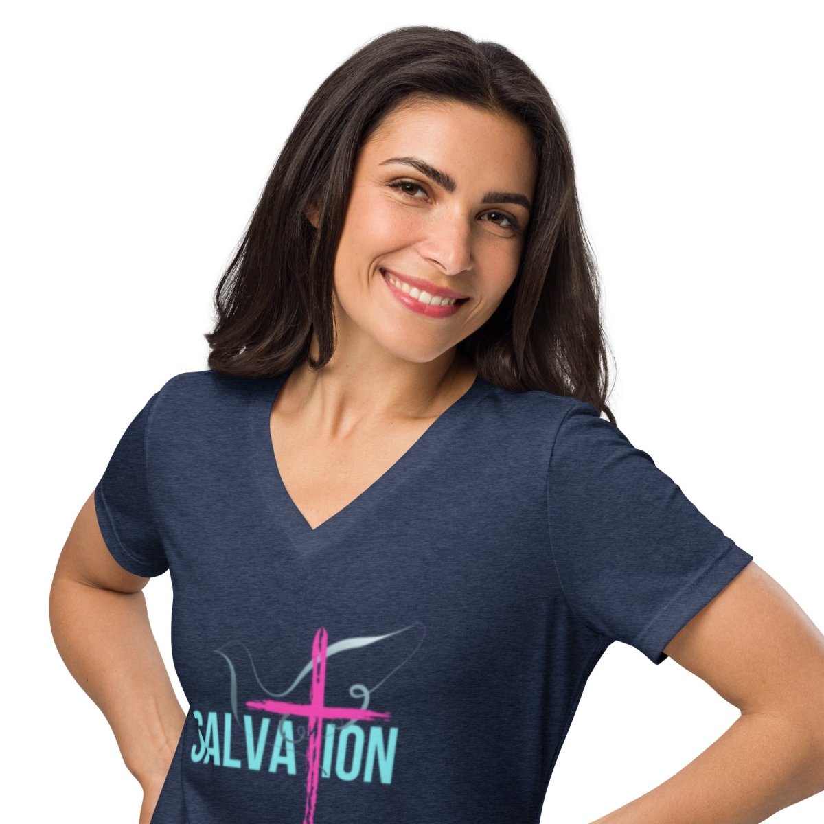 Romans 10:9–10 Women’s Relaxed V - Neck | Confess. Believe. Be Saved. - God's Armor Wear