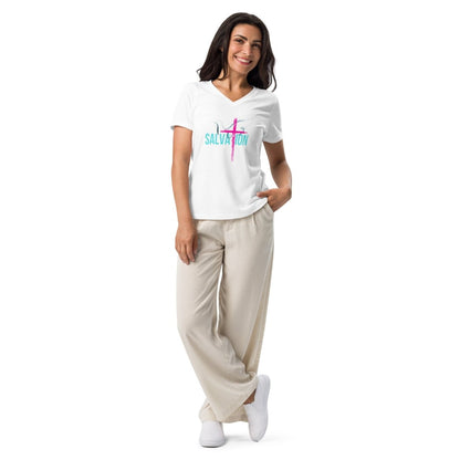 Romans 10:9–10 Women’s Relaxed V - Neck | Confess. Believe. Be Saved. - God's Armor Wear