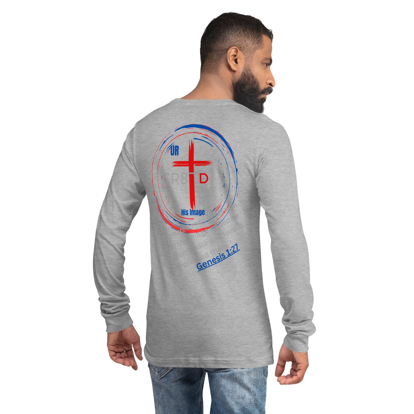 CR8TD in His Image unisex gray long sleeve tee back with large circle with cross inside and bible verse God's Armor Wear