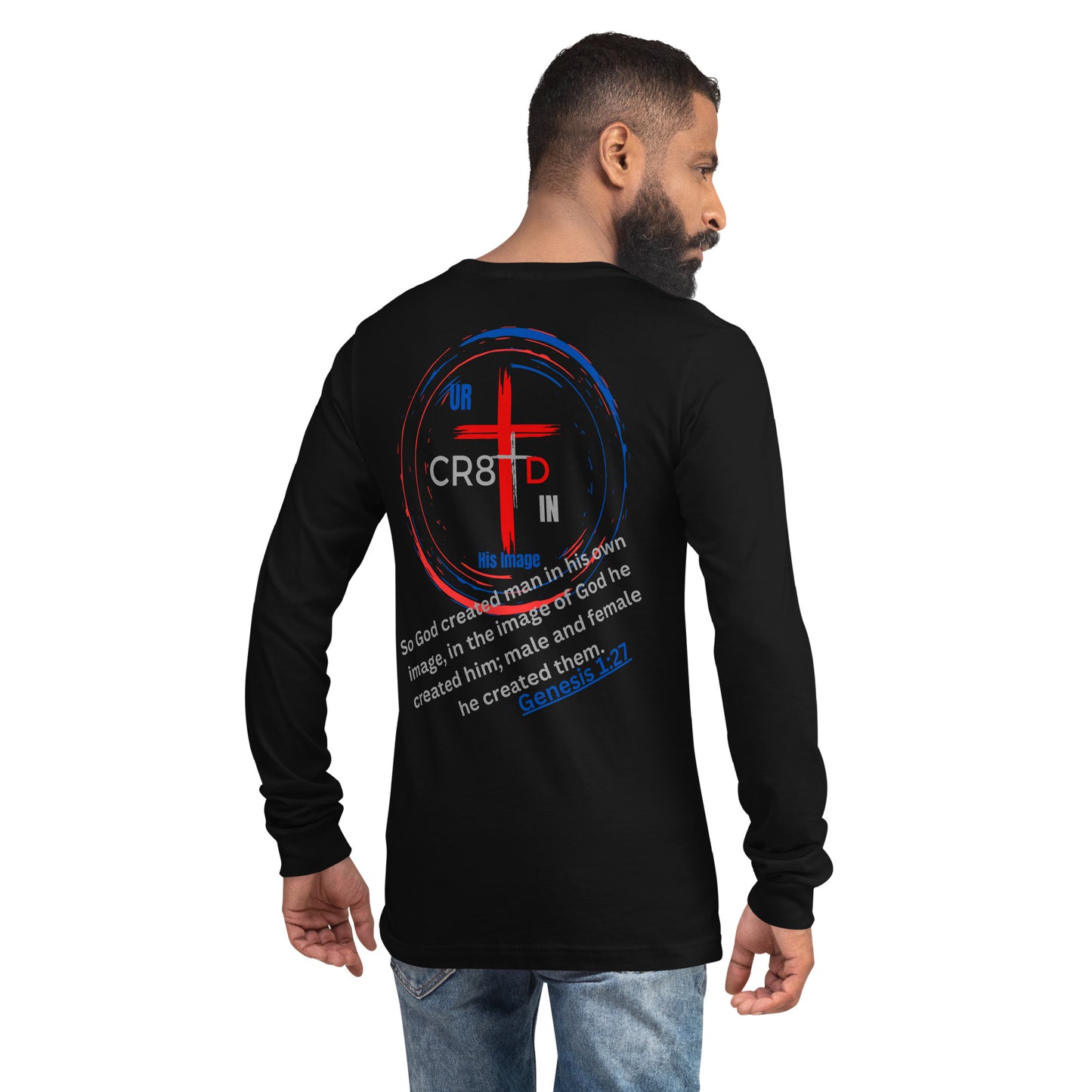 CR8TD in His Image unisex black long sleeve tee back with large circle with cross inside and bible verse God's Armor Wear