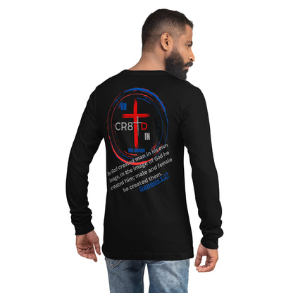 CR8TD in His Image unisex black long sleeve tee back with large circle with cross inside and bible verse God's Armor Wear