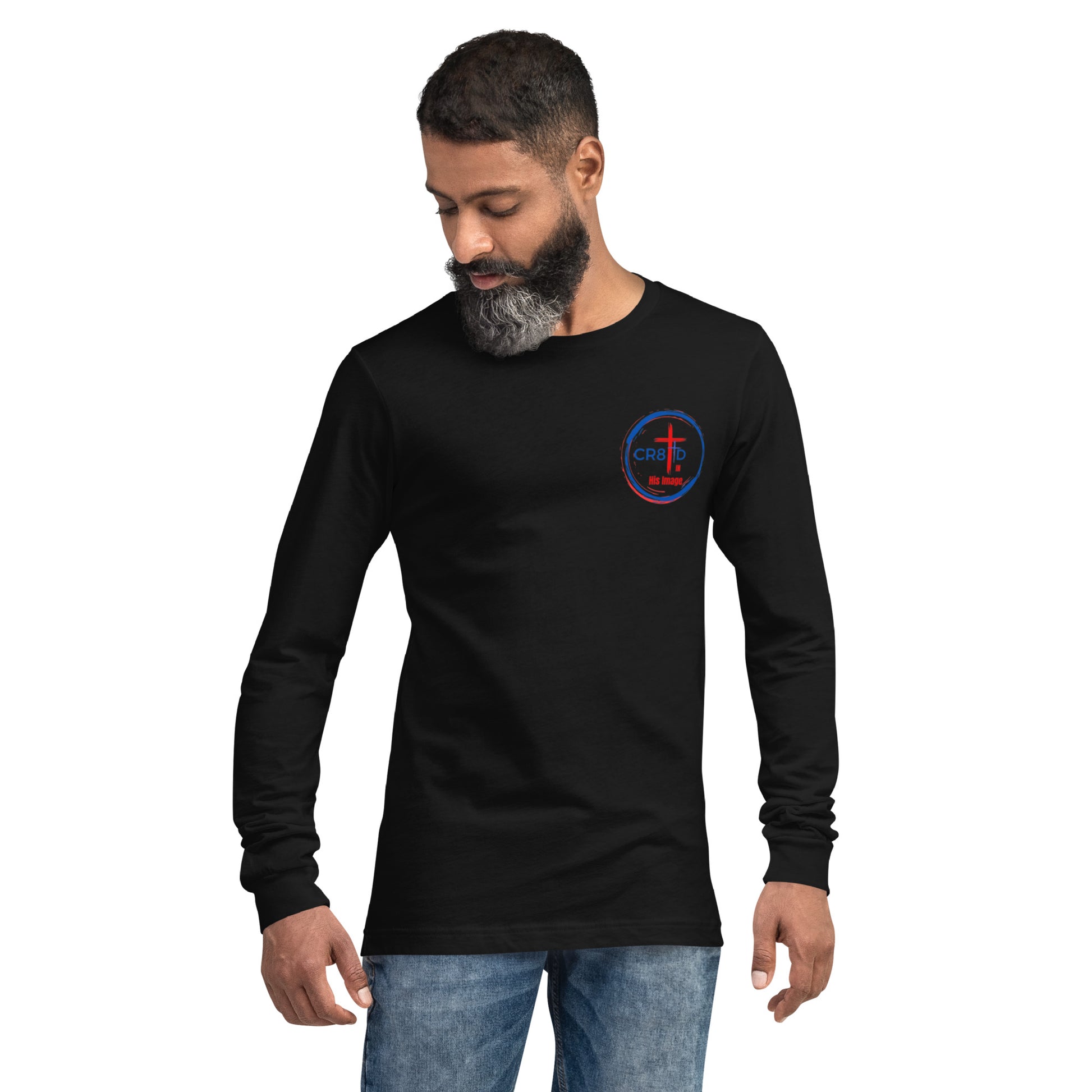 CR8TD in His Image Unisex black long sleeve tee front with circle with cross  God's Armor Wear