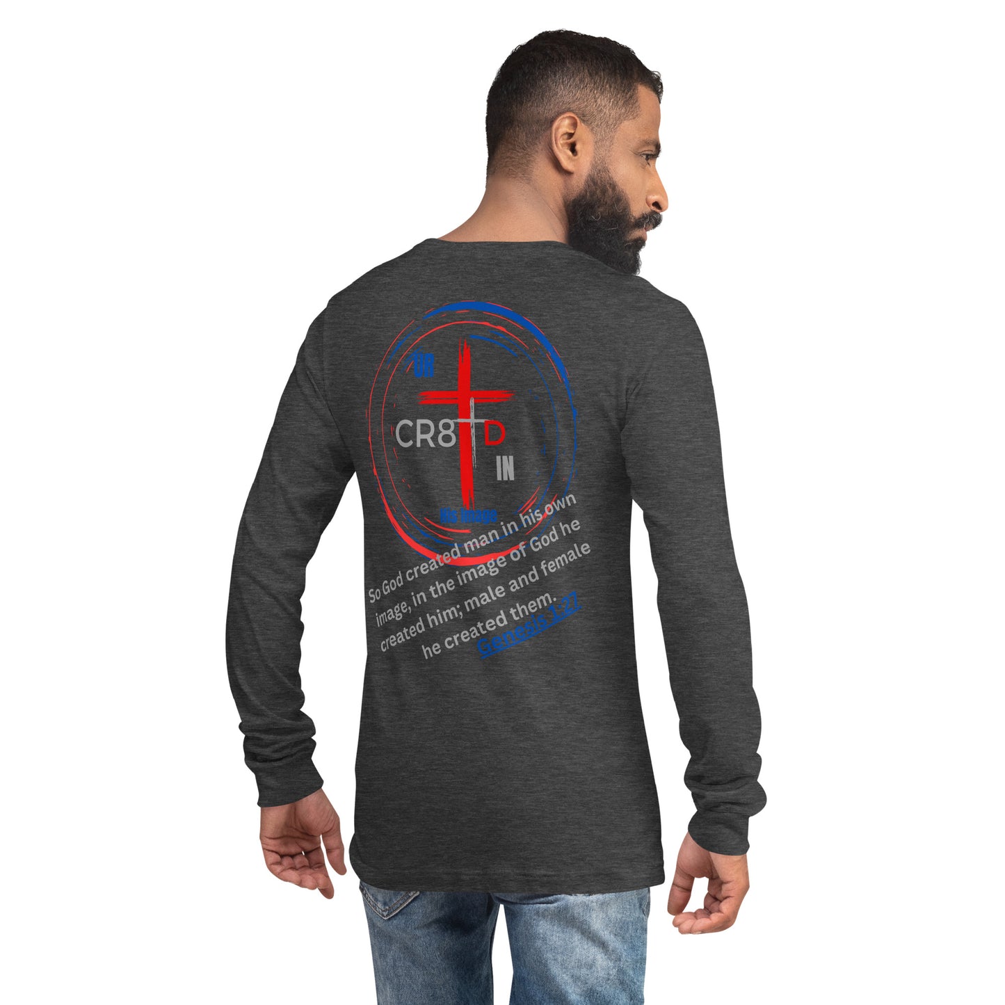 CR8TD in His Image unisex  charcoal long sleeve tee back with large circle with cross inside and bible verse God's Armor Wear