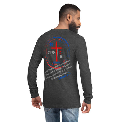 CR8TD in His Image unisex  charcoal long sleeve tee back with large circle with cross inside and bible verse God's Armor Wear