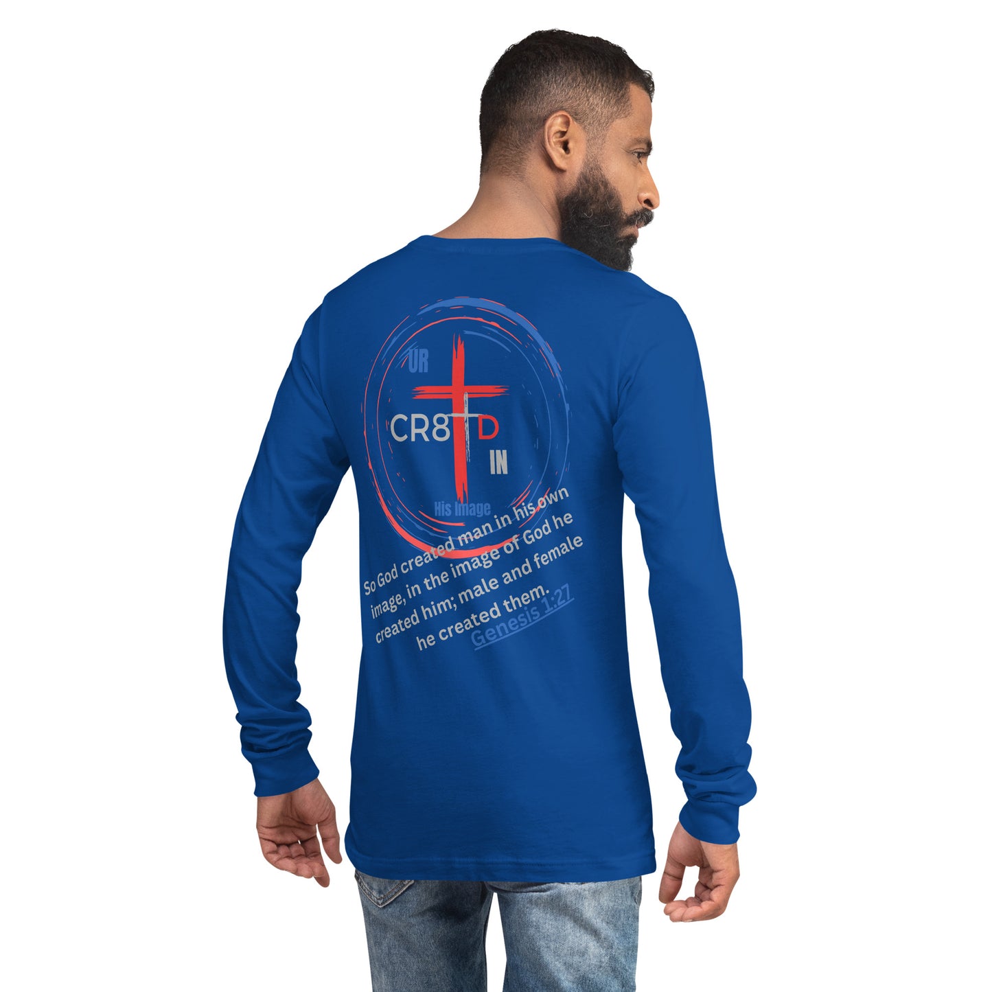 CR8TD in His Image unisex blue long sleeve tee back with large circle with cross inside and bible verse God's Armor Wear