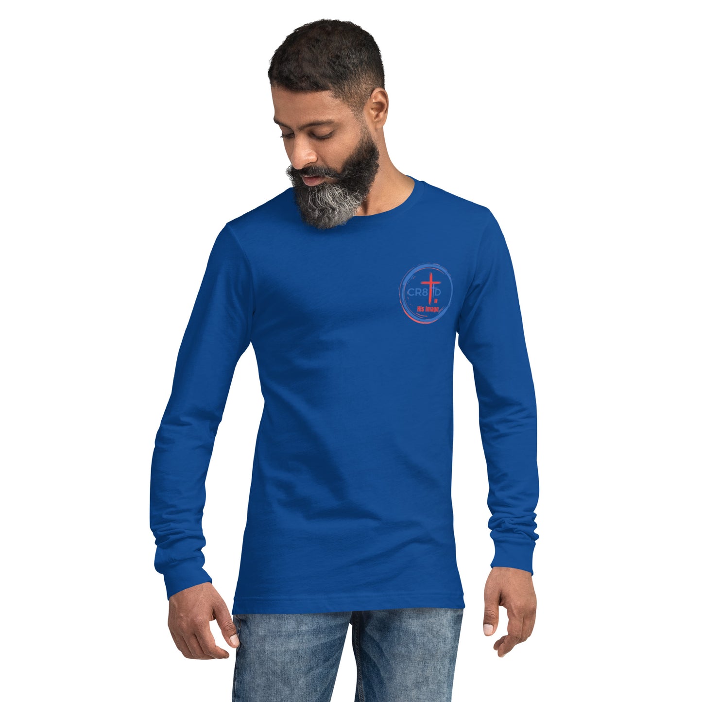 CR8TD in His Image unisex blue long sleeve tee front with circle with cross  God's Armor Wear