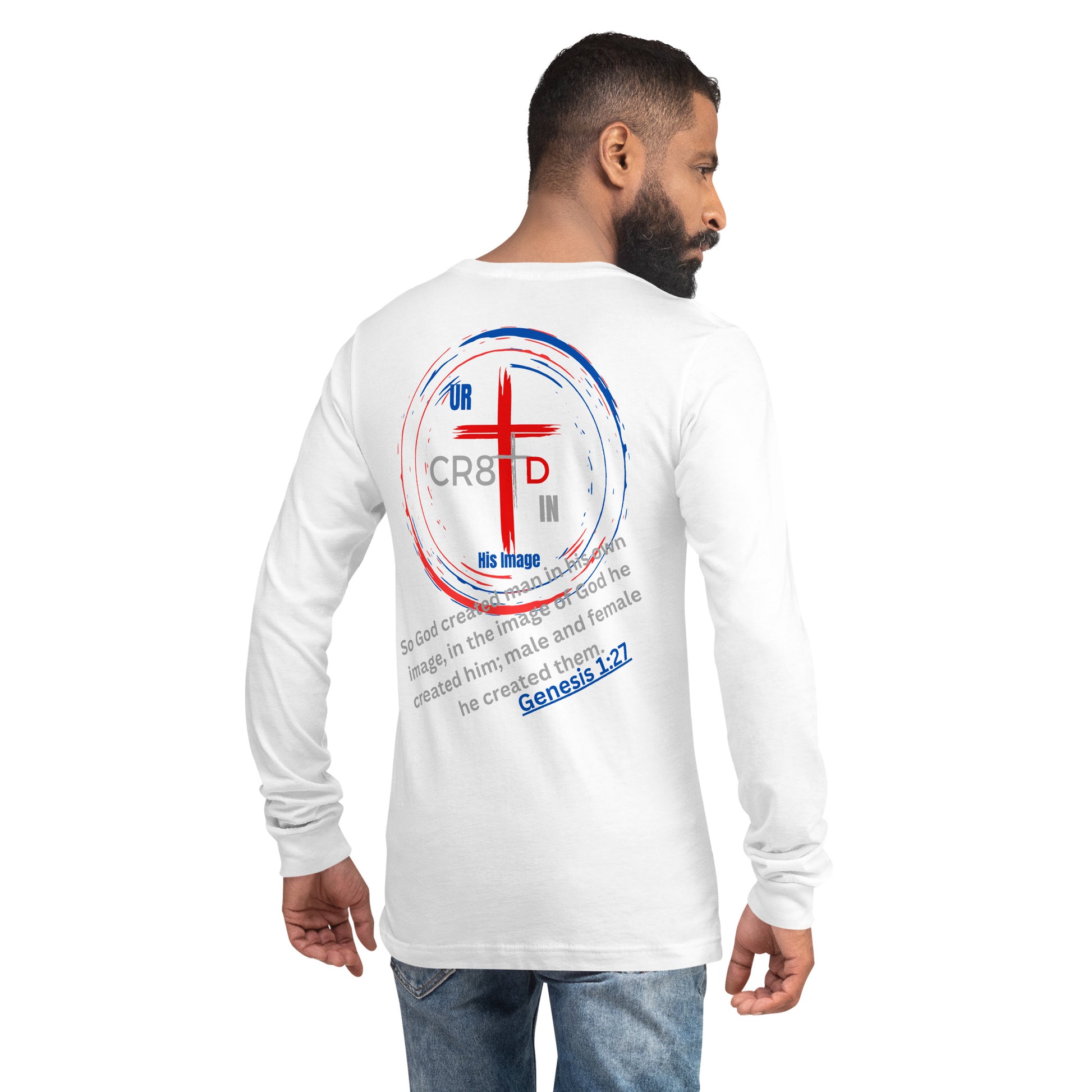 CR8TD in His Image unisex white long sleeve tee back with large circle with cross inside and bible verse God's Armor Wear