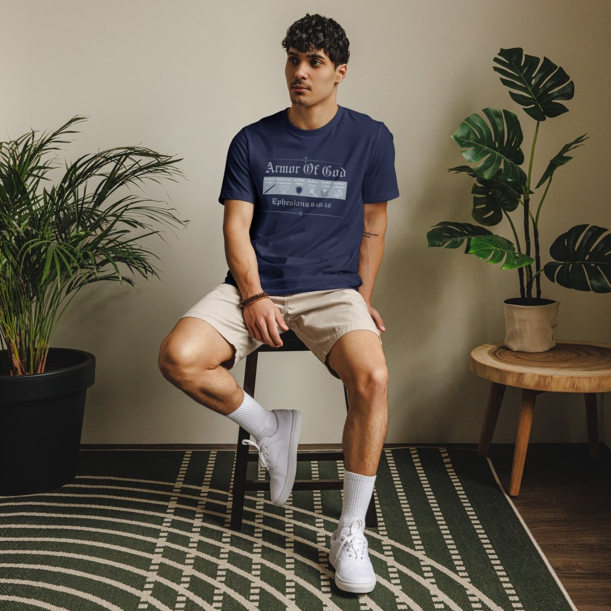 Close-up of Armor of God symbols on sustainable cotton t-shirt