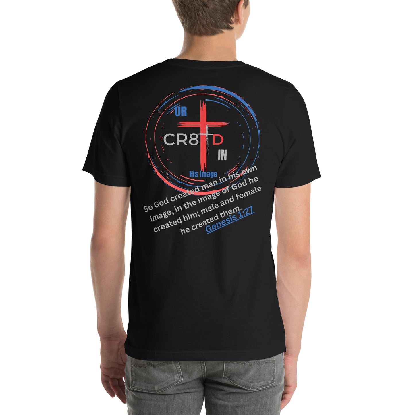 "CR8TD in His Image" Black eco t-shirt that is faith-driven apparel that makes an impact God's Armor Wear