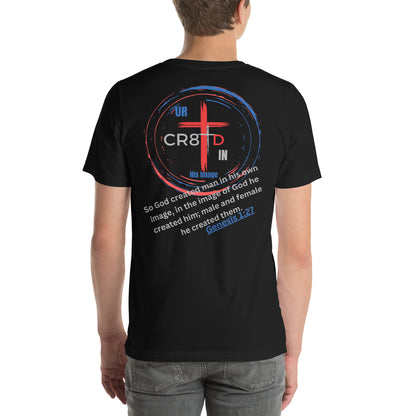 "CR8TD in His Image" Black eco t-shirt that is faith-driven apparel that makes an impact God's Armor Wear