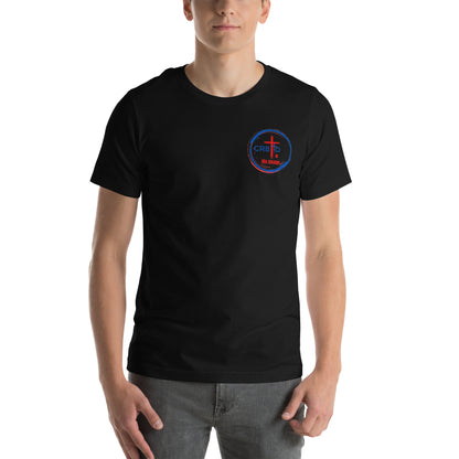 "CR8TD in His Image" black eco t-shirt, clothing speaks core values, faith in apparel God's Armor Wear