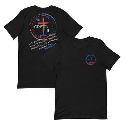 "CR8TD in His Image" Black eco t-shirt that is faith-driven apparel that makes an impact God's Armor Wear