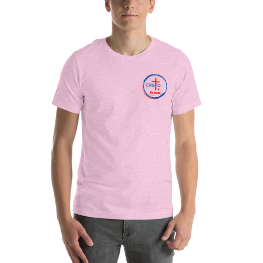 "CR8TD in His Image" pink eco t-shirt that speaks without speaking, faith in apparel built on faith impact God's Armor Wear
