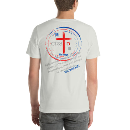 "CR8TD in His Image" Black eco t-shirt that is faith-driven apparel that makes an impact statement of values God's Armor Wear
