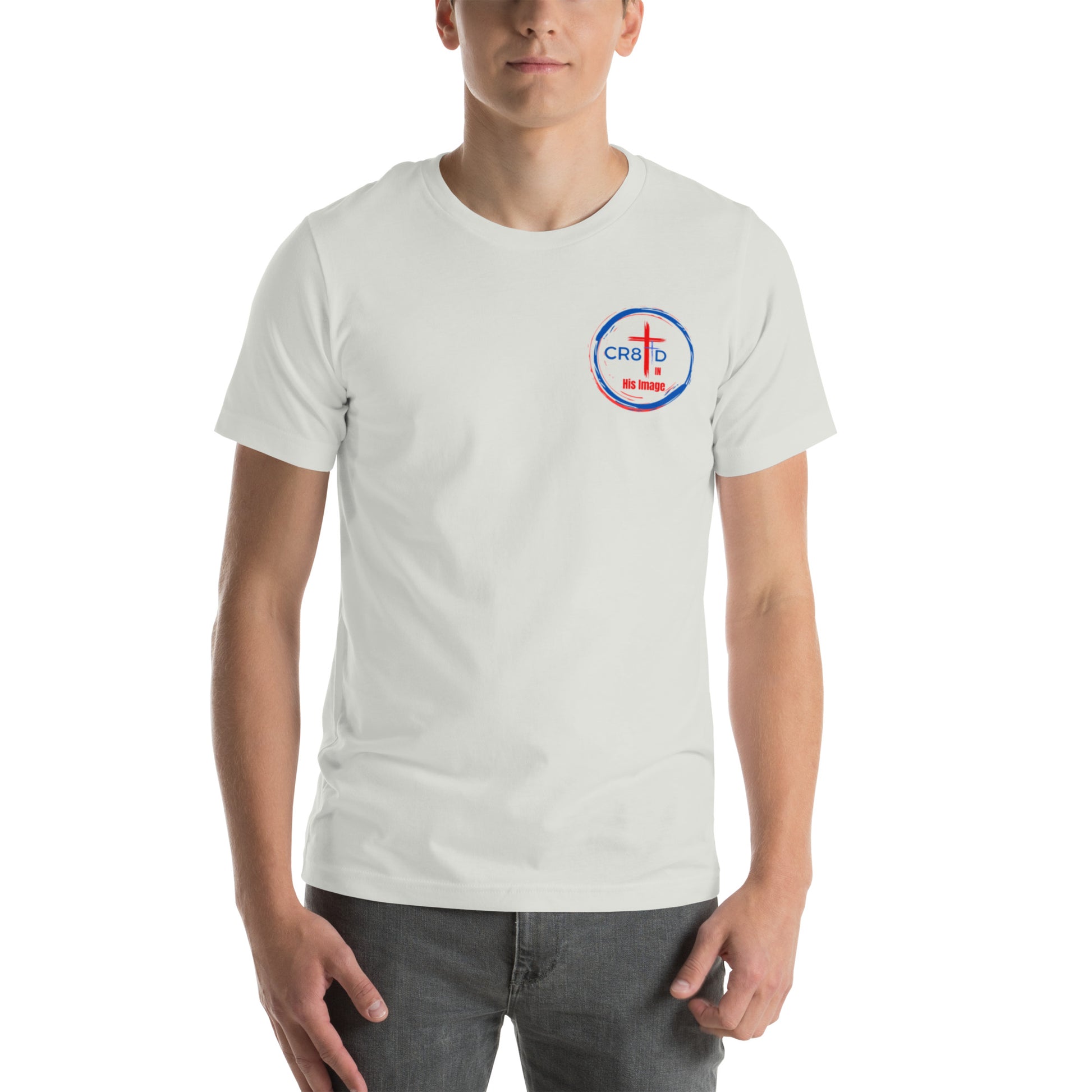 "CR8TD in His Image" gray eco t-shirt that is faith-driven apparel that makes an impact  for a purpose God's Armor Wear