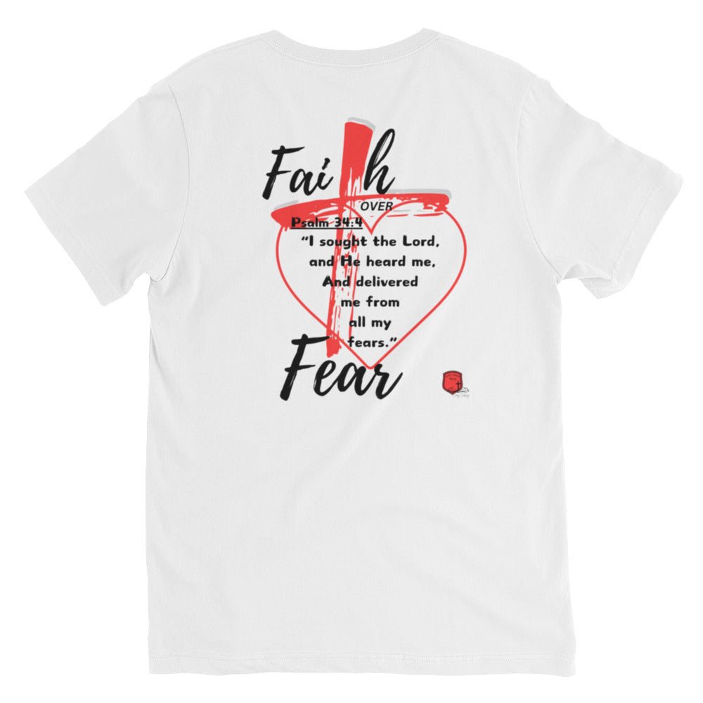 "Faith over Fear" Pre Shrunk Heart Short Sleeve V - Neck T-Shirt Blk/RD BC - 3005 - God's Armor Wear