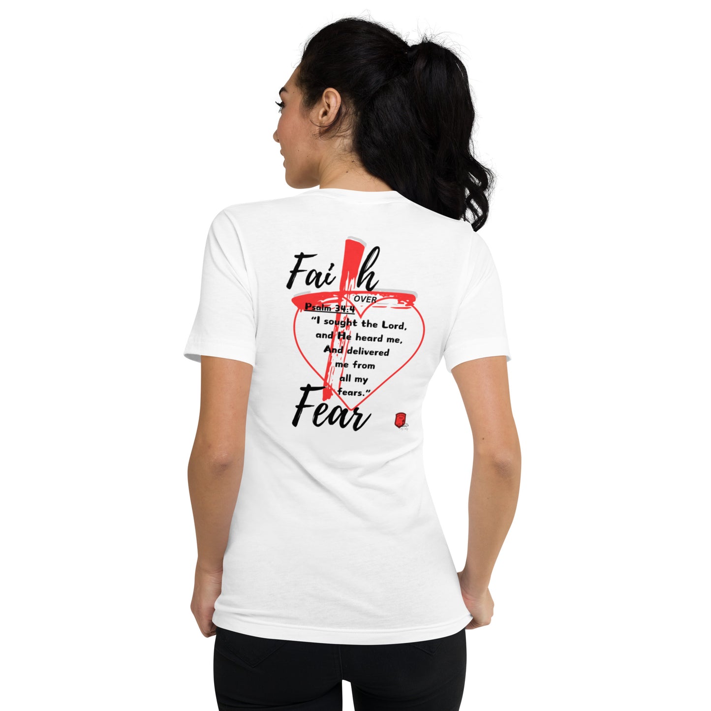 "Faith over Fear" Pre Shrunk Heart Short Sleeve V - Neck T-Shirt Blk/RD BC - 3005 - God's Armor Wear
