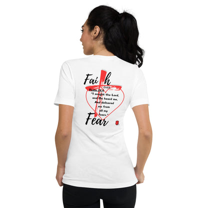 "Faith over Fear" Pre Shrunk Heart Short Sleeve V - Neck T-Shirt Blk/RD BC - 3005 - God's Armor Wear