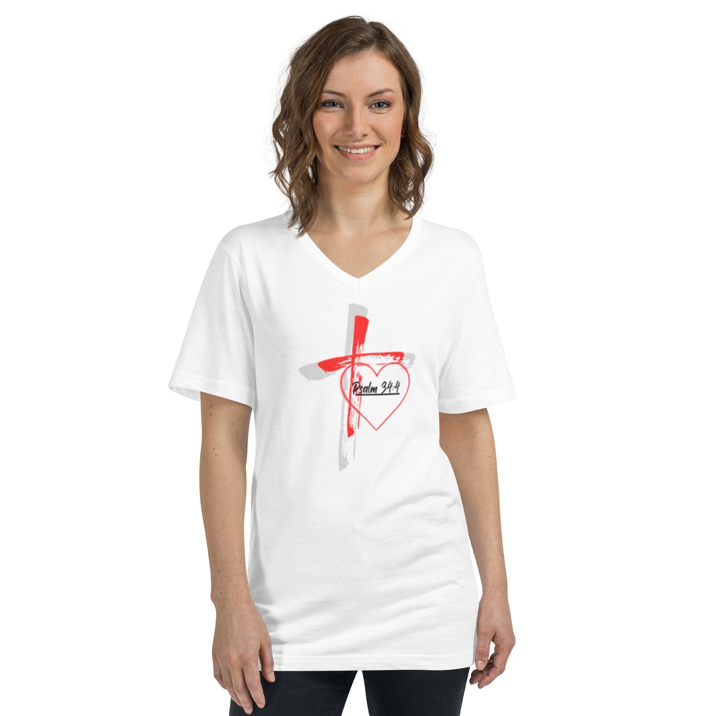 "Faith over Fear" Pre Shrunk Heart Short Sleeve V - Neck T-Shirt Blk/RD BC - 3005 - God's Armor Wear