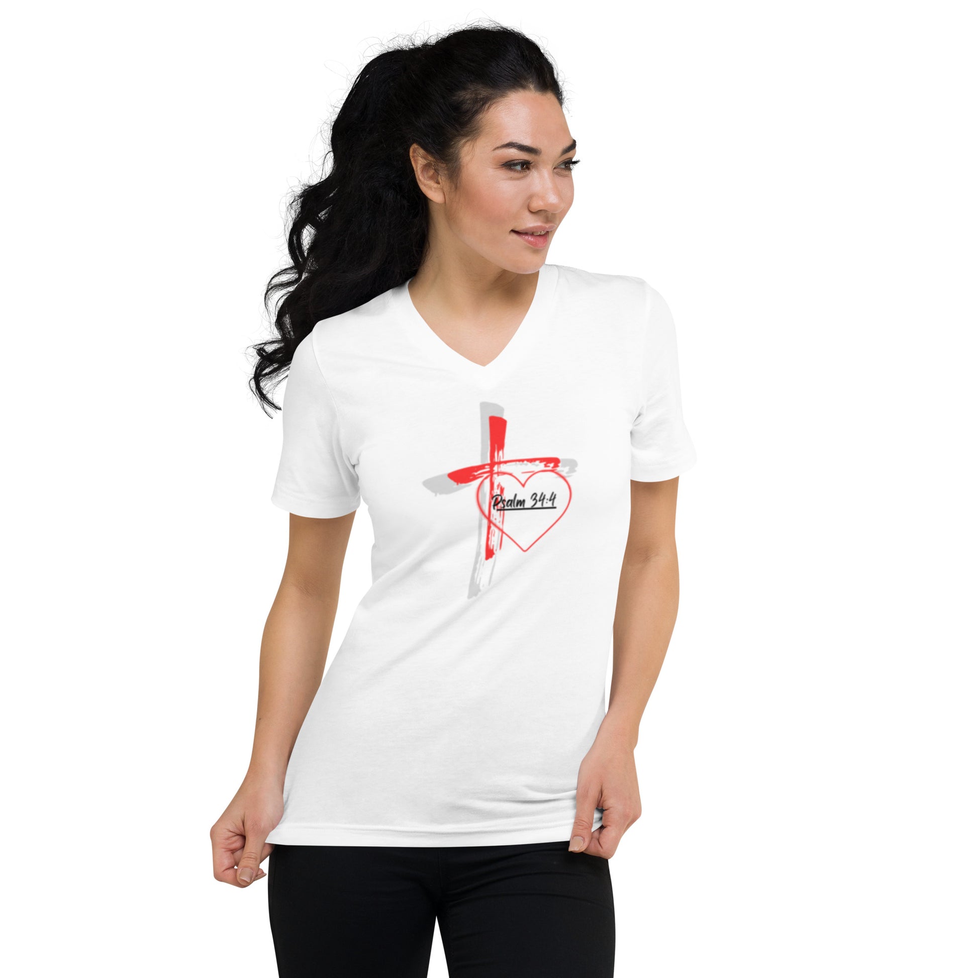 "Faith over Fear" Pre Shrunk Heart Short Sleeve V - Neck T-Shirt Blk/RD BC - 3005 - God's Armor Wear