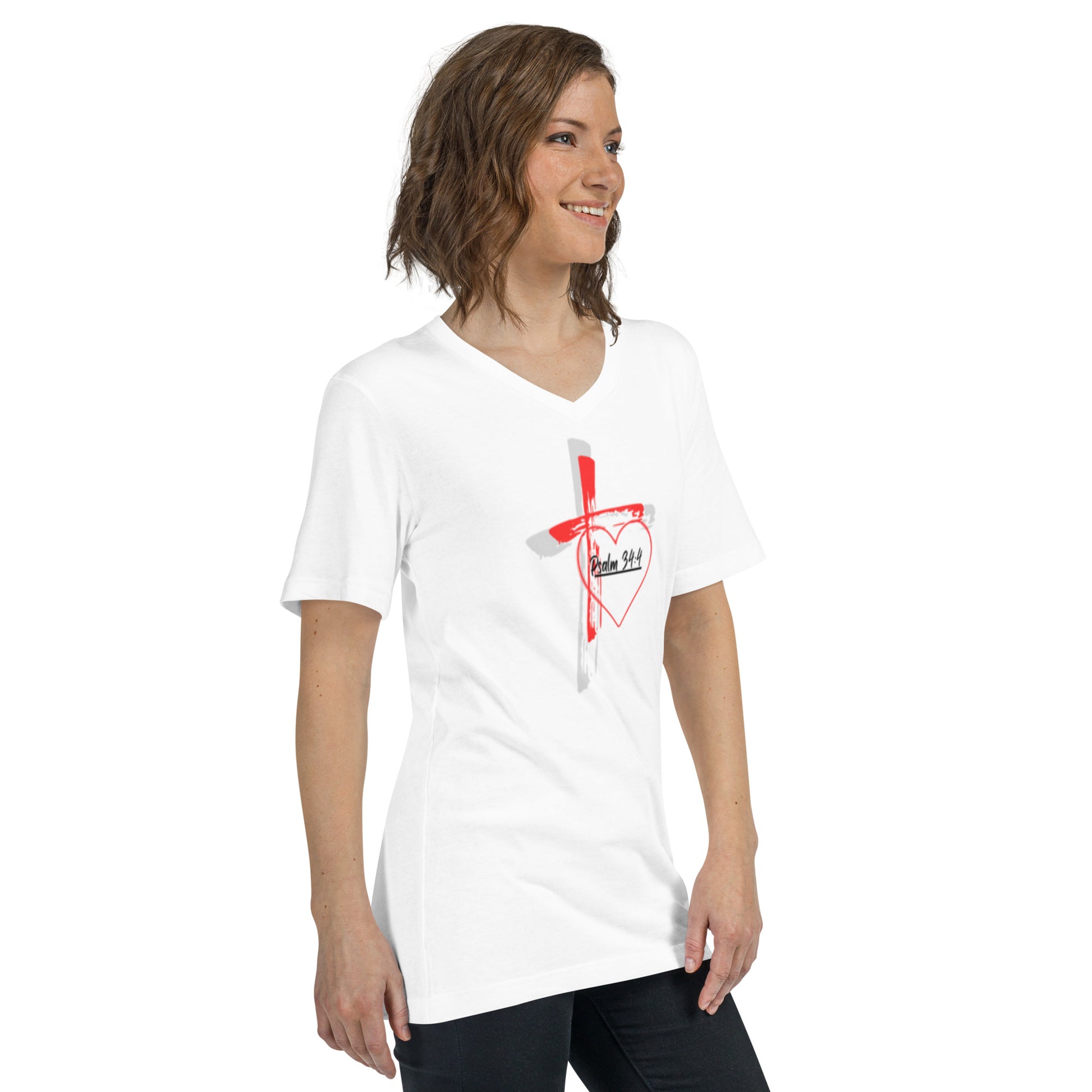 "Faith over Fear" Pre Shrunk Heart Short Sleeve V - Neck T-Shirt Blk/RD BC - 3005 - God's Armor Wear