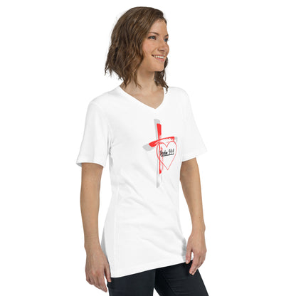 "Faith over Fear" Pre Shrunk Heart Short Sleeve V - Neck T-Shirt Blk/RD BC - 3005 - God's Armor Wear