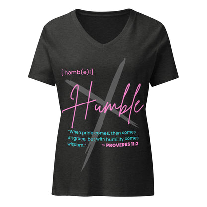 HUMBLE black faith-based pinkish V-neck t-shirt detail showing minimalist Christian message on soft pre-shrunk fabric