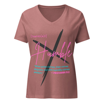 HUMBLE faith-based pink V-neck t-shirt detail showing minimalist Christian message on soft pre-shrunk fabric