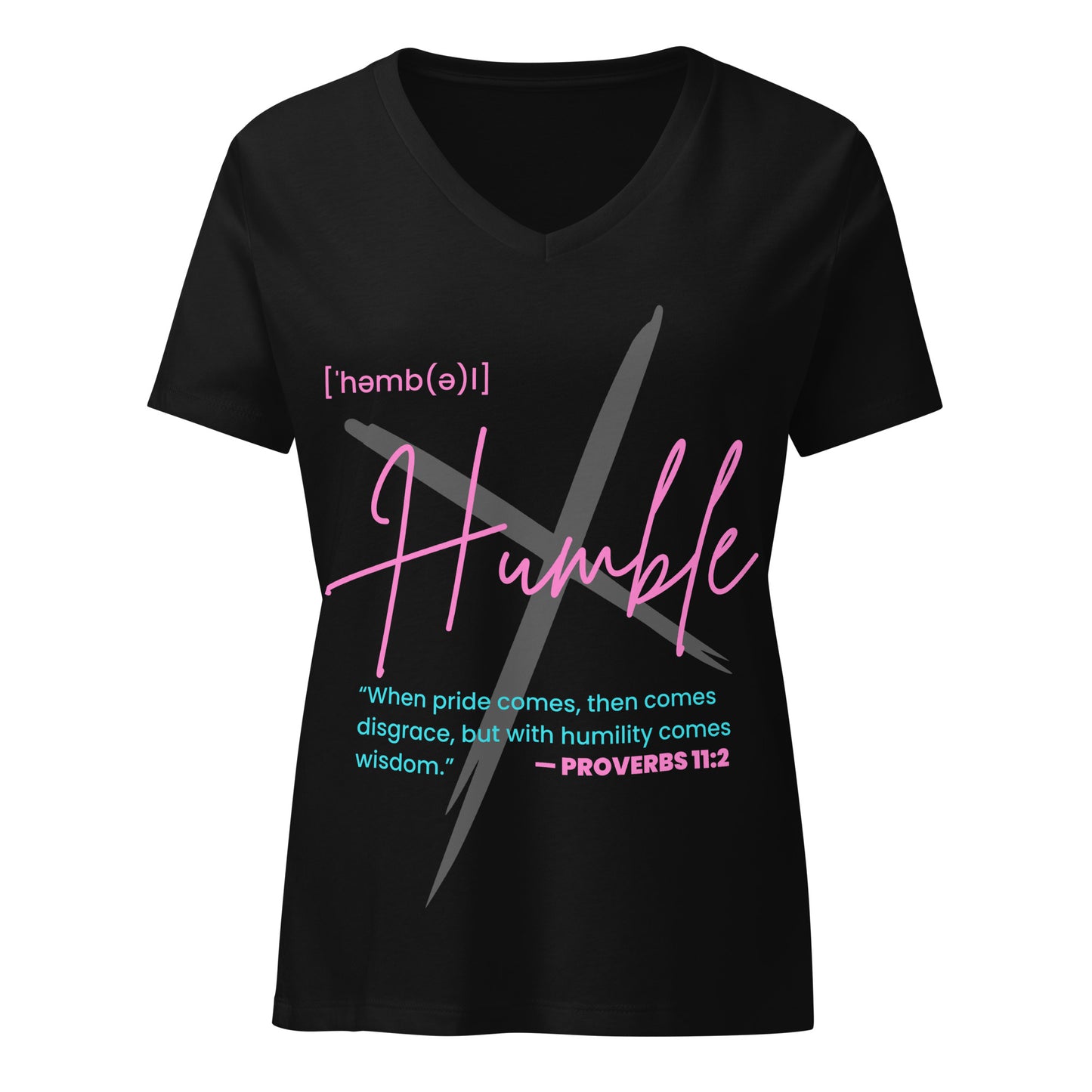 HUMBLE faith-based black V-neck t-shirt detail showing minimalist Christian message on soft pre-shrunk fabric