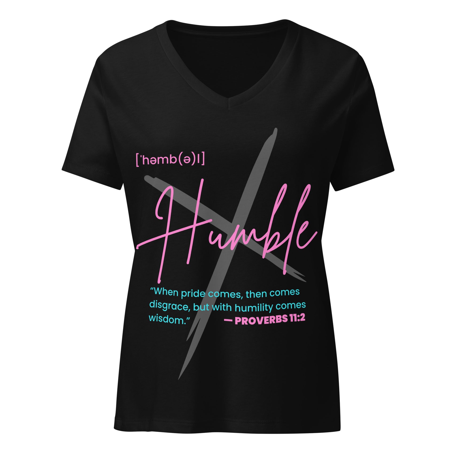 HUMBLE faith-based black V-neck t-shirt detail showing minimalist Christian message on soft pre-shrunk fabric