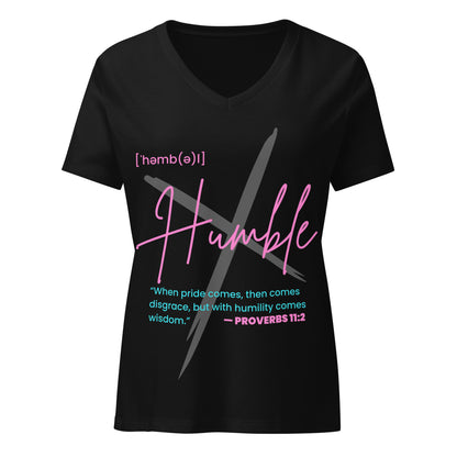 HUMBLE faith-based black V-neck t-shirt detail showing minimalist Christian message on soft pre-shrunk fabric