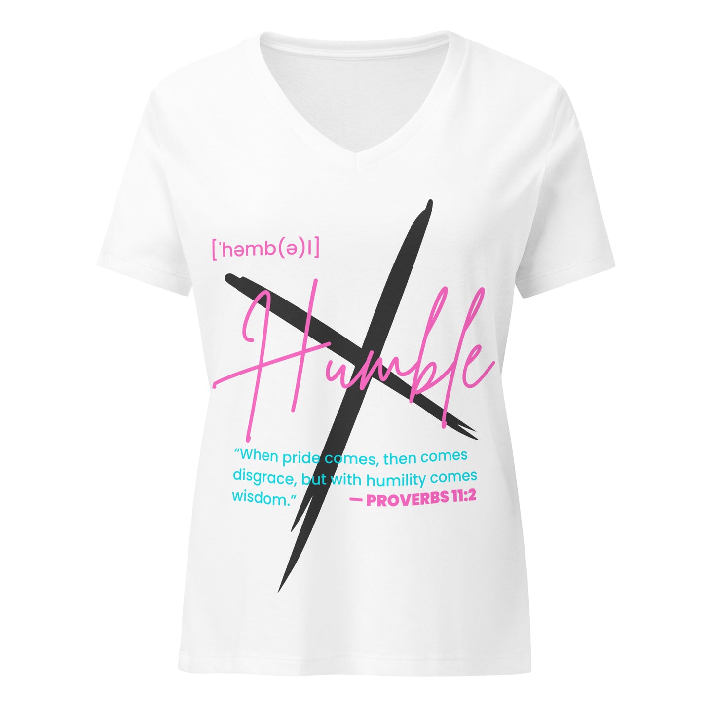 HUMBLE white faith-based pinkish V-neck t-shirt detail showing minimalist Christian message on soft pre-shrunk fabric